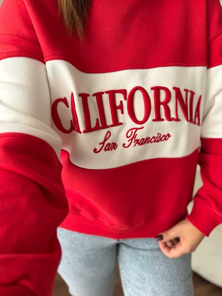 Kırmızı Ekru California Nakışlı İki İplik Pamuk Sweat