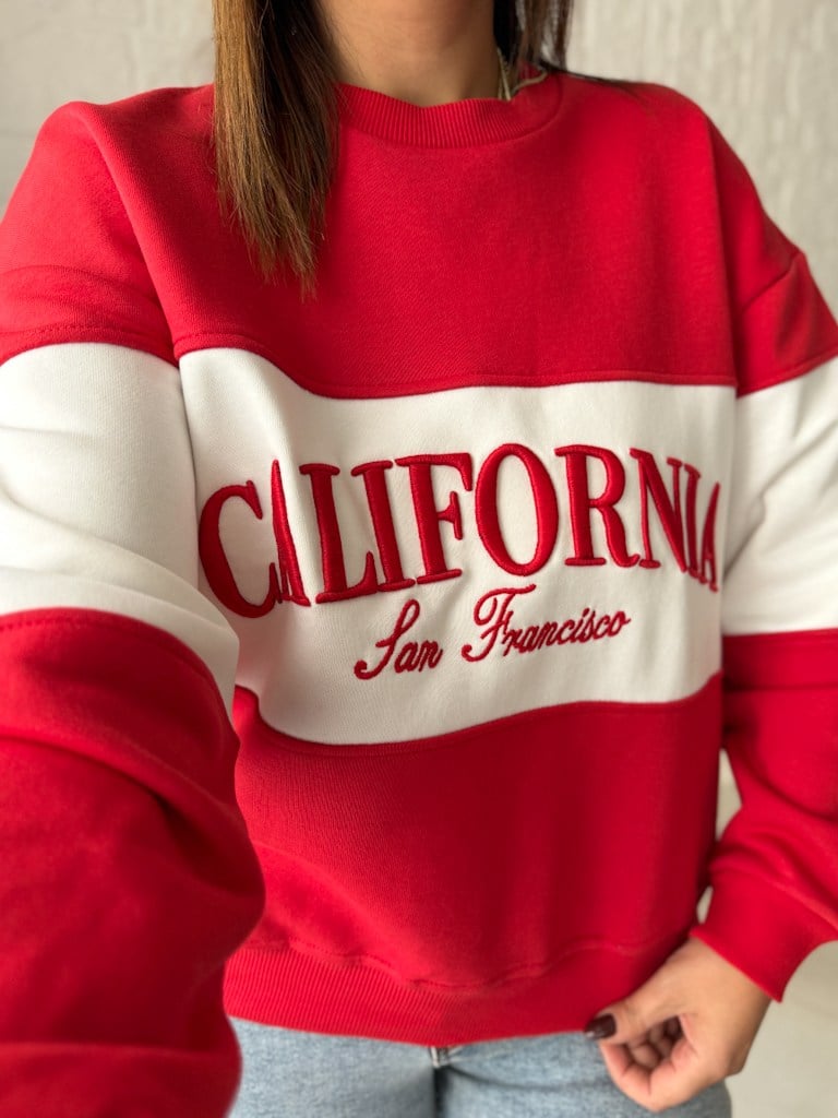 Kırmızı Ekru California Nakışlı İki İplik Pamuk Sweat