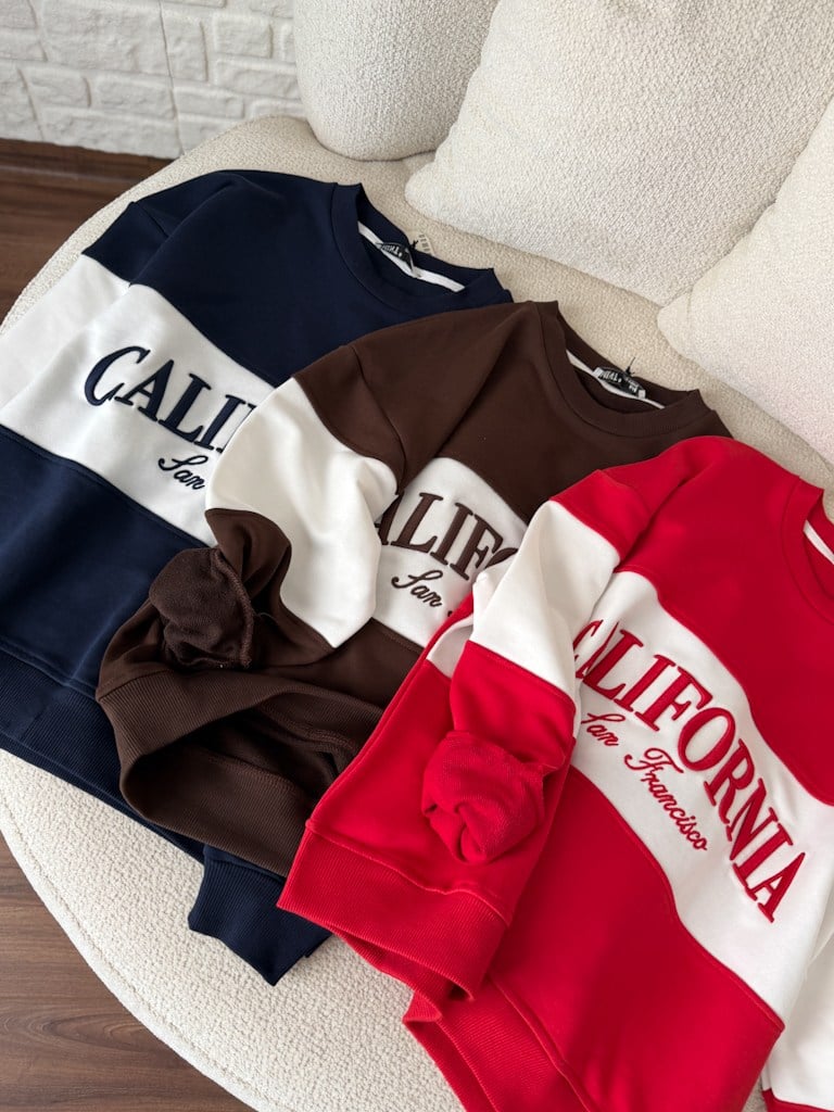 Kırmızı Ekru California Nakışlı İki İplik Pamuk Sweat