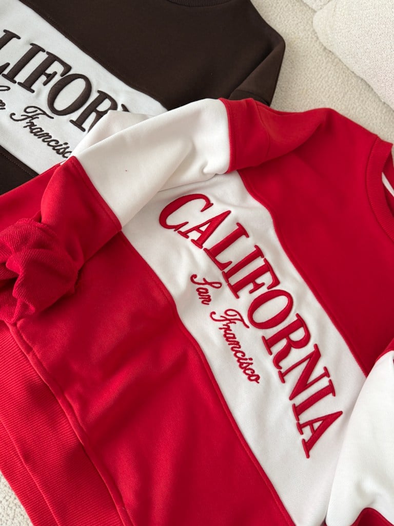 Kırmızı Ekru California Nakışlı İki İplik Pamuk Sweat