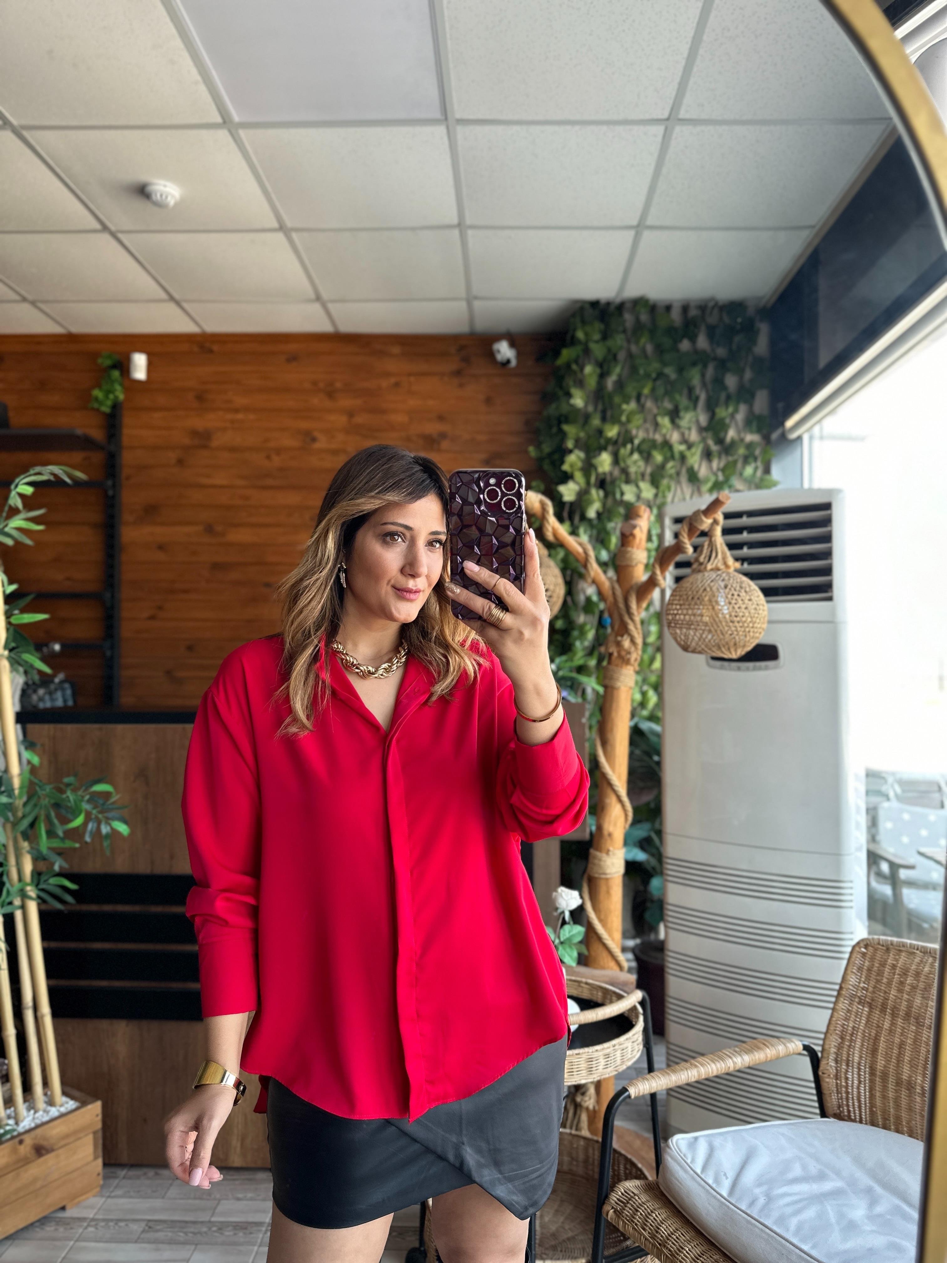 Kırmızı Over Size İpek Krep Gömlek