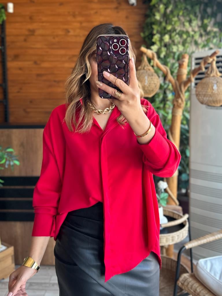 Kırmızı Over Size İpek Krep Gömlek