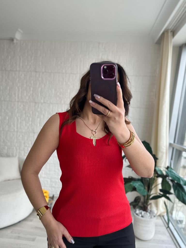Kırmızı  V Yaka Detaylı Fitilli Full Likralı Bluz