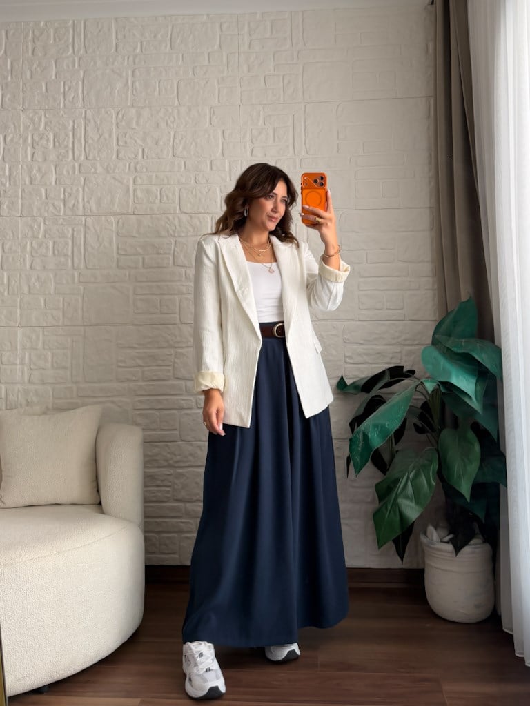 Kol Katlamalı Astarlı Keten Blazer Ceket Ekru
