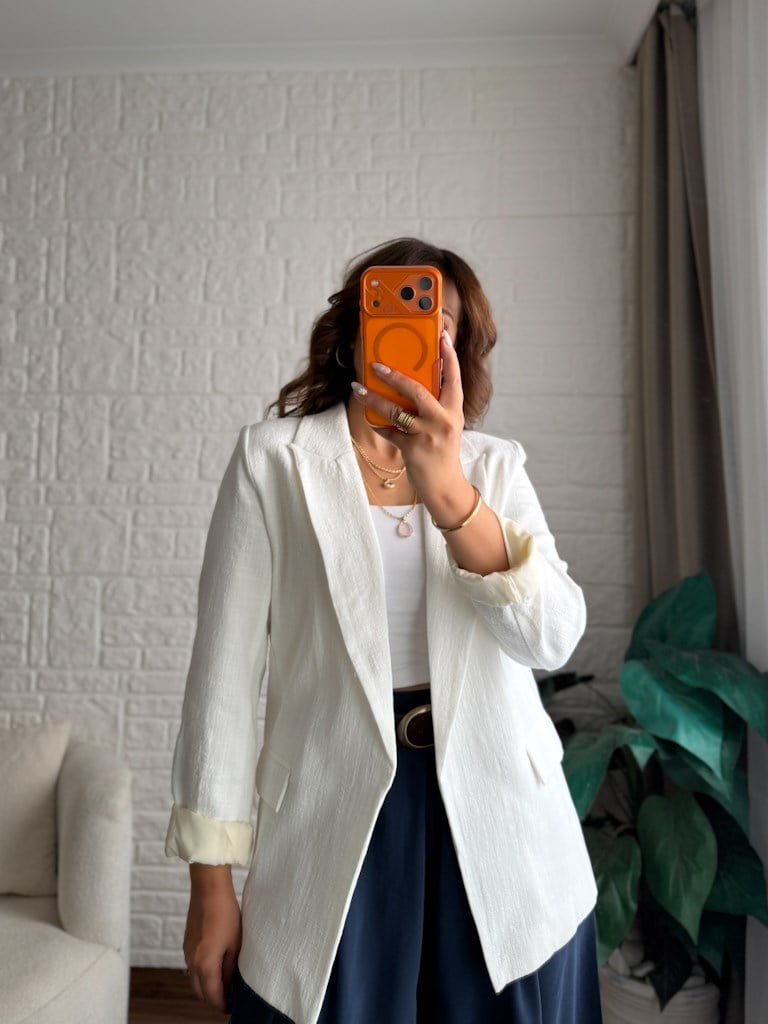 Kol Katlamalı Astarlı Keten Blazer Ceket Ekru