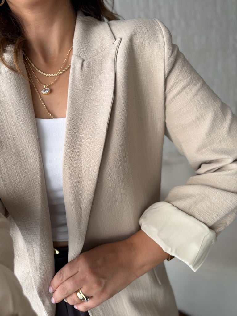 Kol Katlamalı Astarlı Keten Blazer Ceket Taş