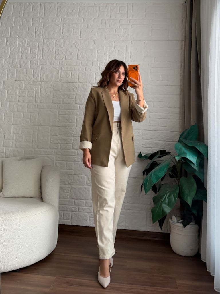 Kol Katlamalı Astarlı Keten Blazer Ceket Haki