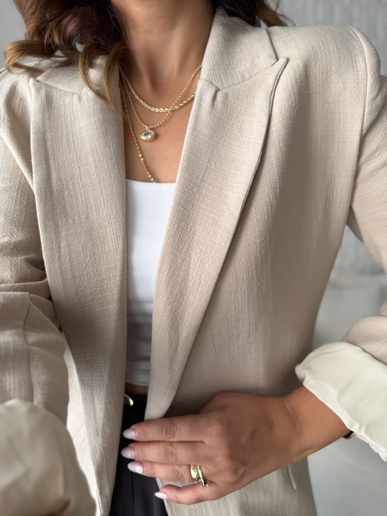 Kol Katlamalı Astarlı Keten Blazer Ceket Taş