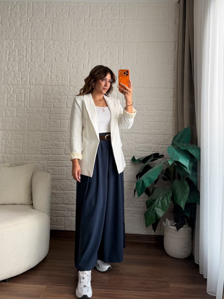 Kol Katlamalı Astarlı Keten Blazer Ceket Ekru