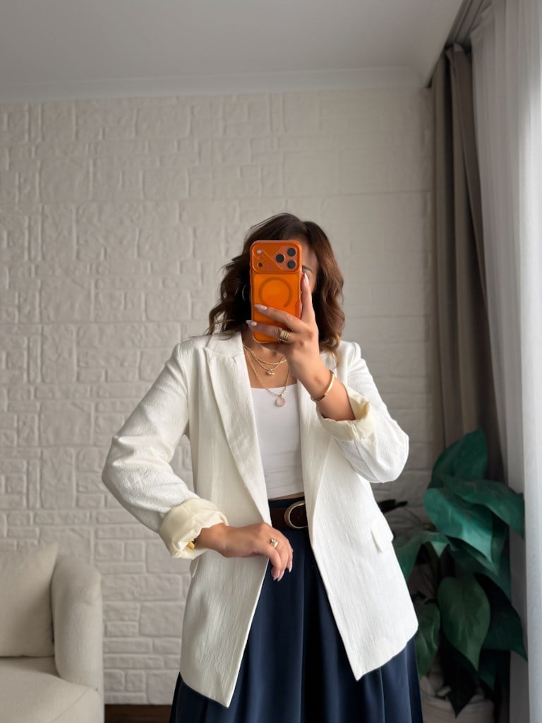 Kol Katlamalı Astarlı Keten Blazer Ceket Ekru