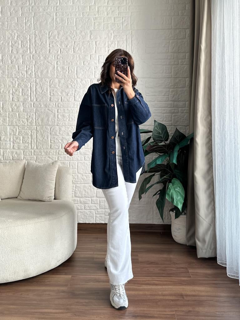 Koyu Lacivert Oversize Jean Ceket