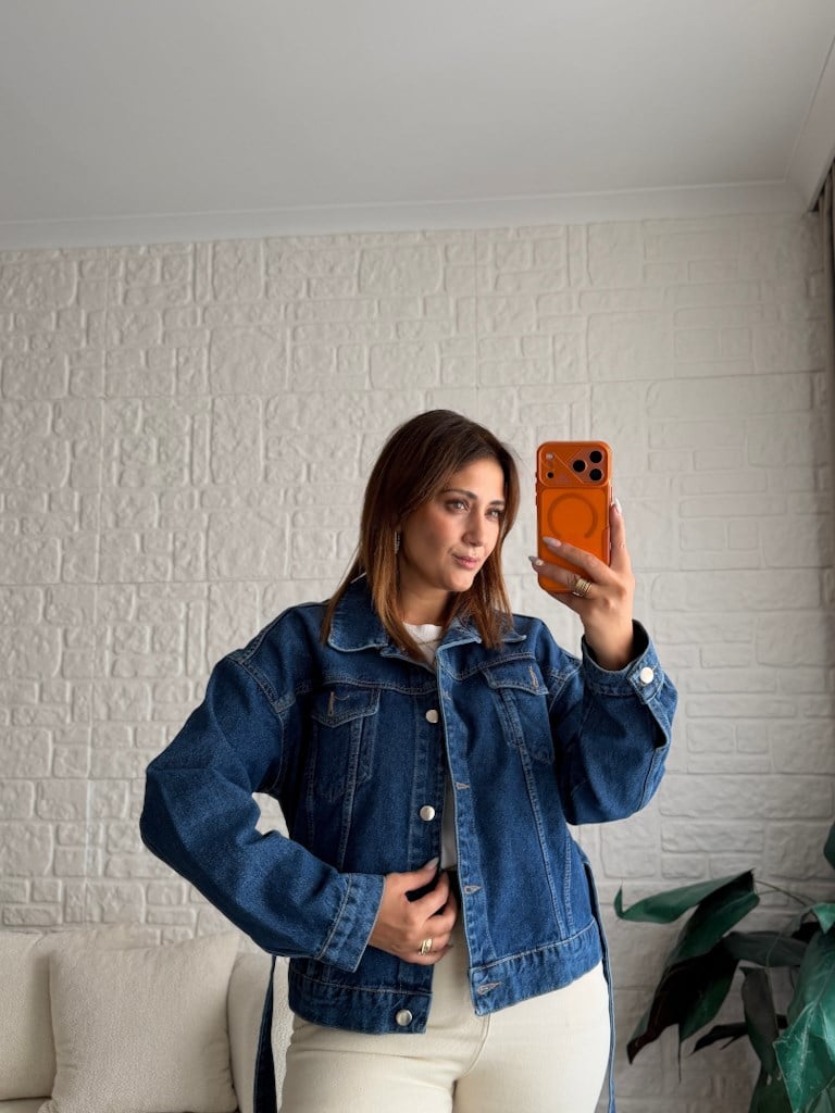 Koyu Mavi Kemerli Jean Ceket