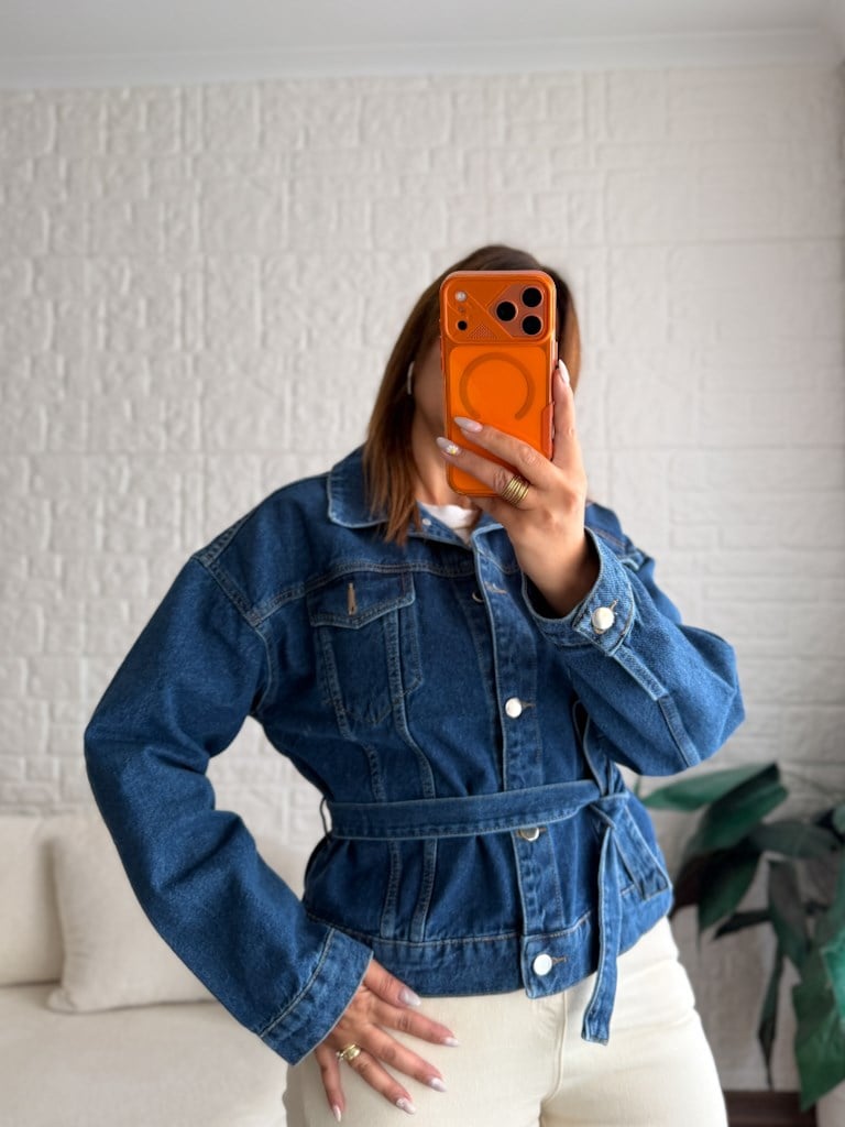 Koyu Mavi Kemerli Jean Ceket