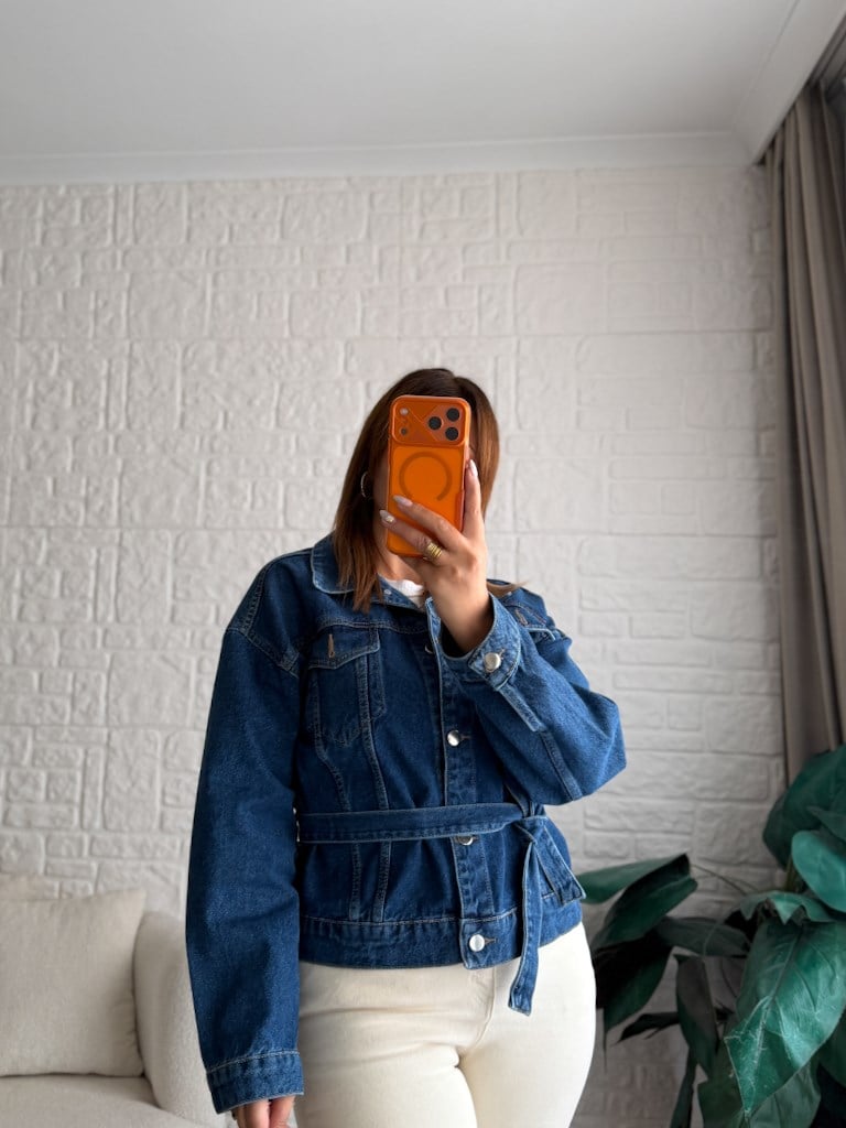 Koyu Mavi Kemerli Jean Ceket