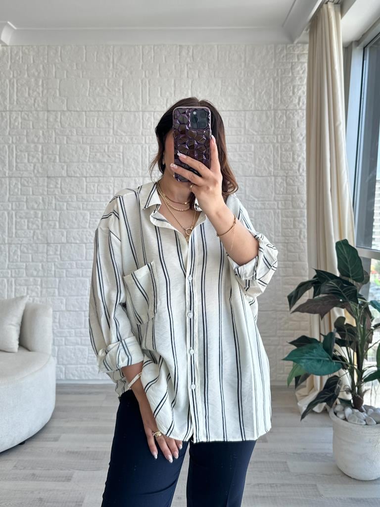 Krem Çift Çizgiili Modal Efil Gömlek