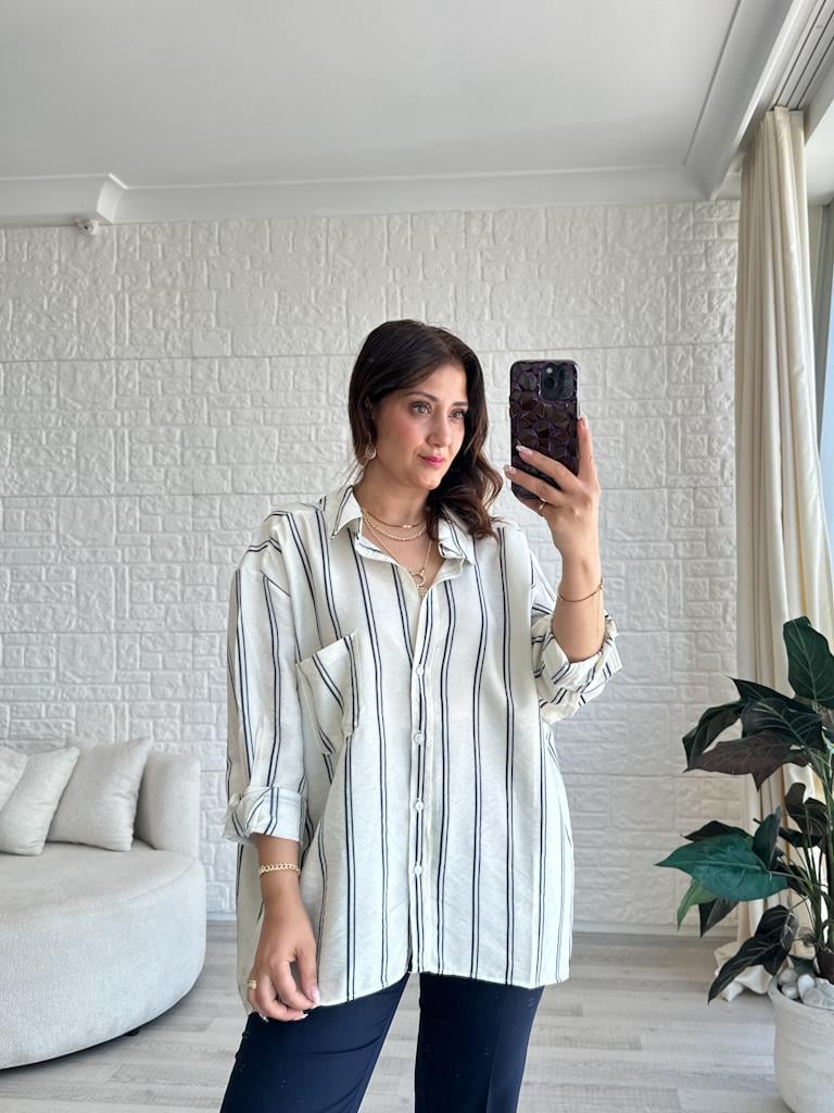 Krem Çift Çizgiili Modal Efil Gömlek