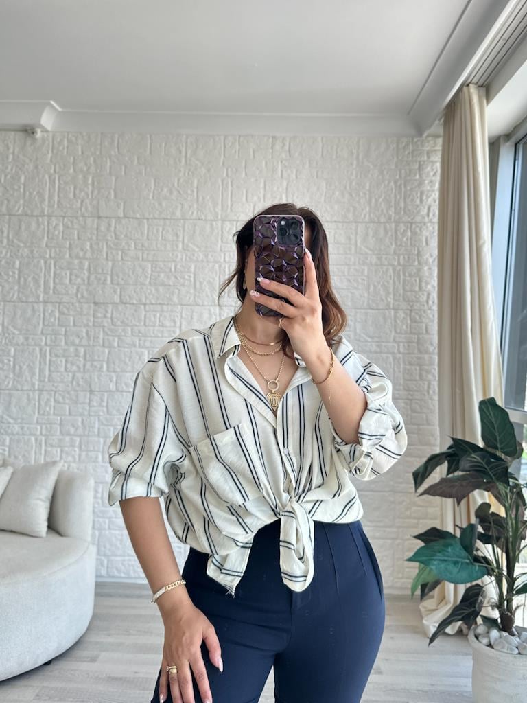 Krem Çift Çizgiili Modal Efil Gömlek