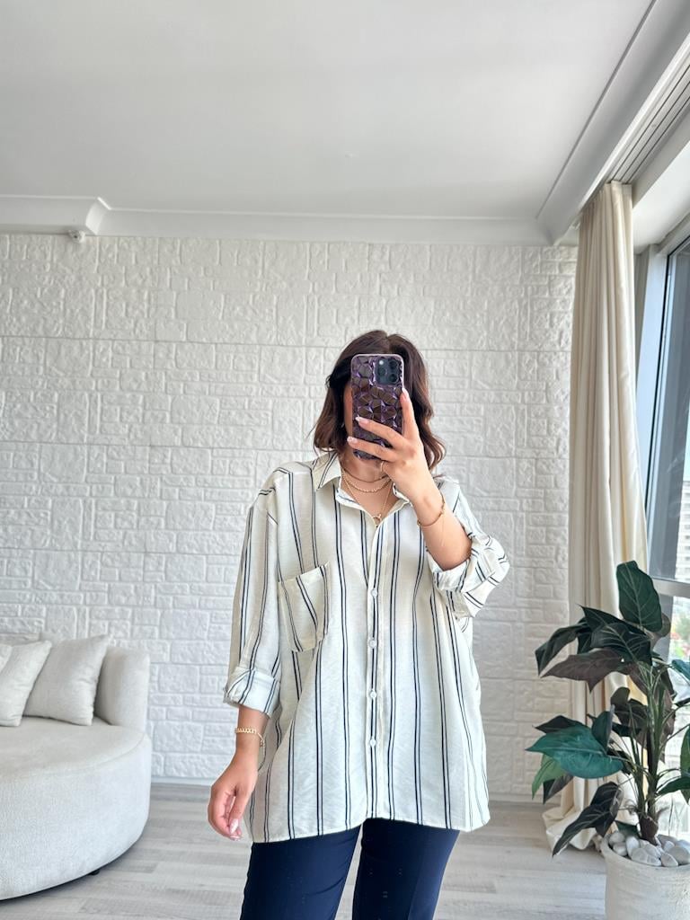 Krem Çift Çizgiili Modal Efil Gömlek