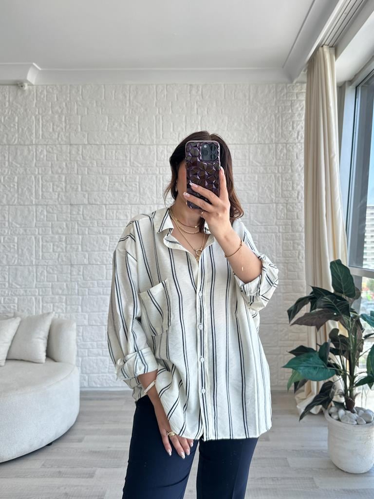 Krem Çift Çizgiili Modal Efil Gömlek