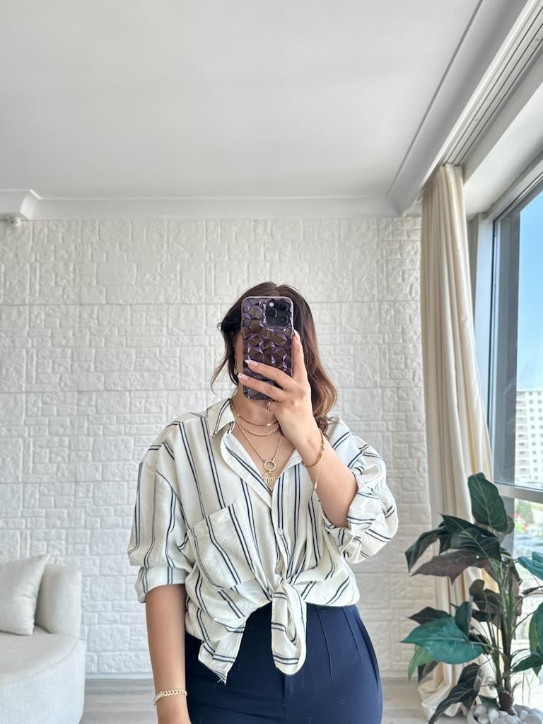 Krem Çift Çizgiili Modal Efil Gömlek