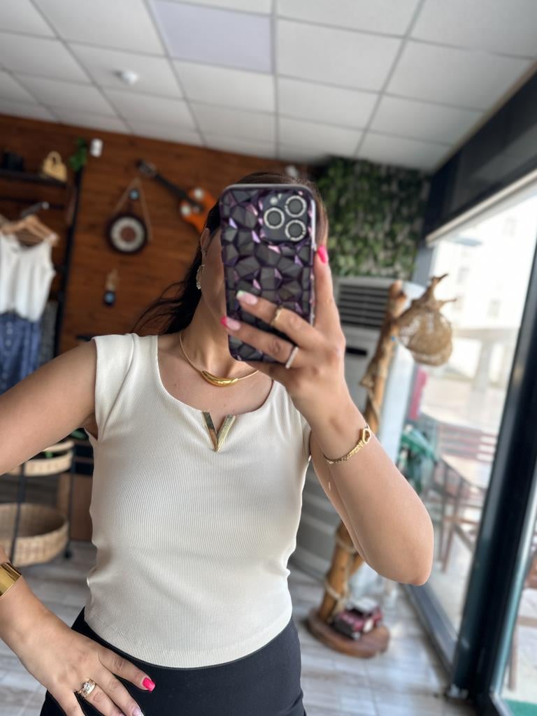 Krem  Lüks Kalite V Aksesuar Detay Kaşkorse Bluz