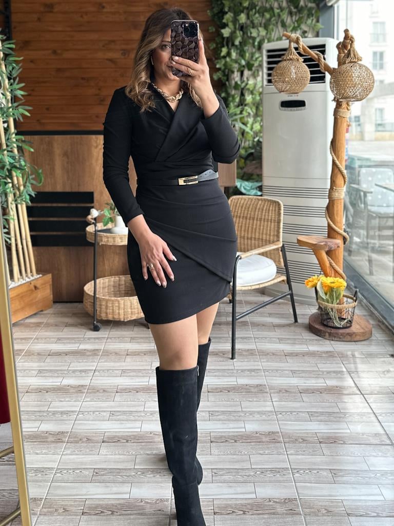 Kruvaze Yaka Bel Drape Detaylı Krep Elbise Siyah