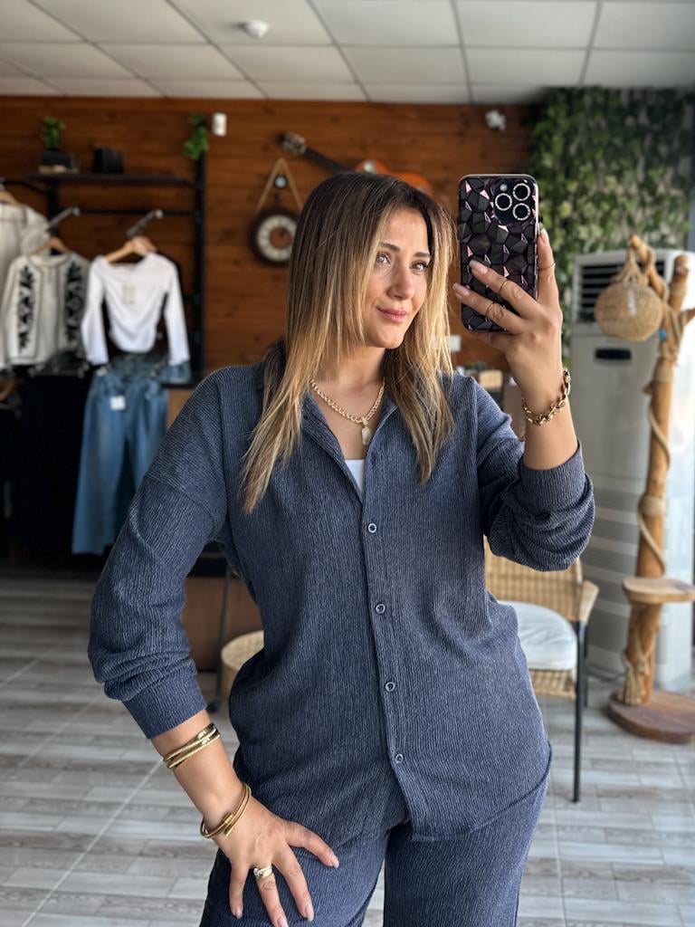 Lacivert Beli Lastikli Cep Detaylı Gömlek Takım