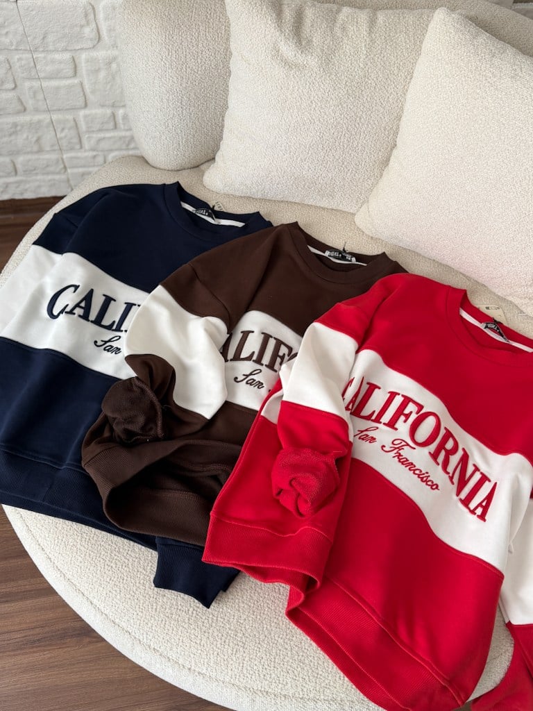Lacivert Ekru California Nakışlı İki İplik Pamuk Sweat