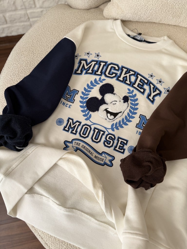 Lacivert Ekru Mickey Panç Nakışlı İki İplik Pamuk Sweat