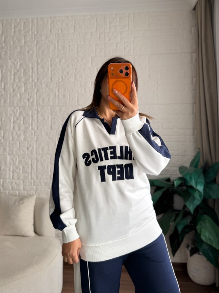 Lacivert Ekru Polo Yaka Athletics Nakışlı İki İplik Pamuk Sweat