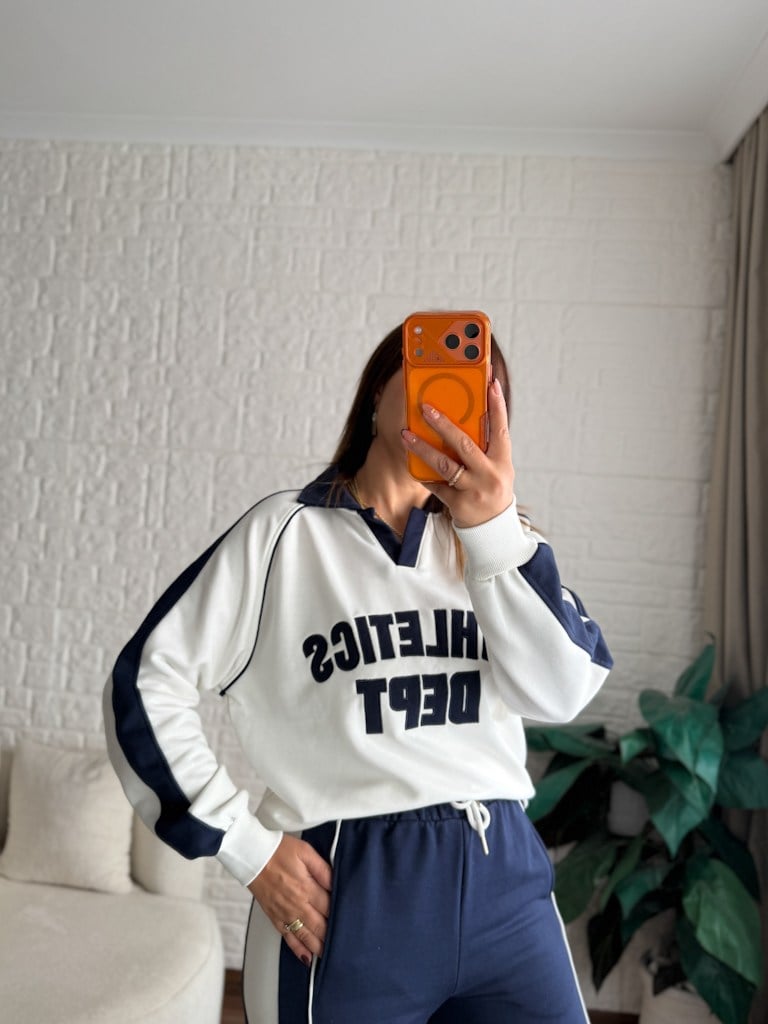 Lacivert Ekru Polo Yaka Athletics Nakışlı İki İplik Pamuk Sweat