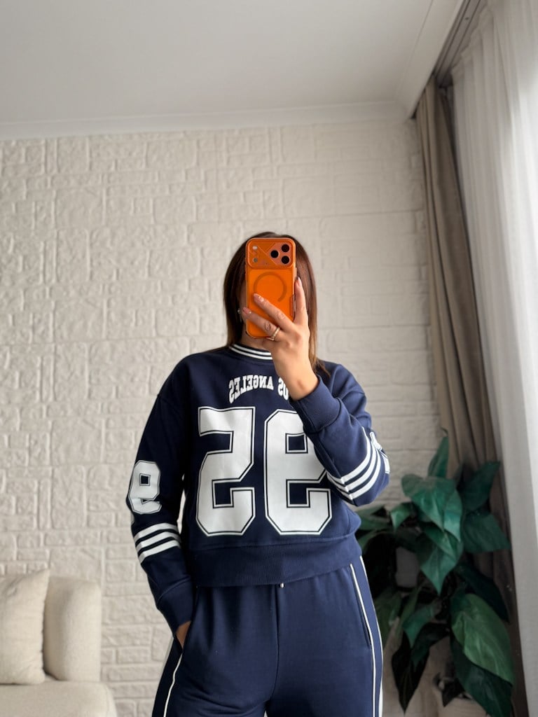 Lacivert Los Angeles Baskılı İki İplik Pamuk Crop Sweat