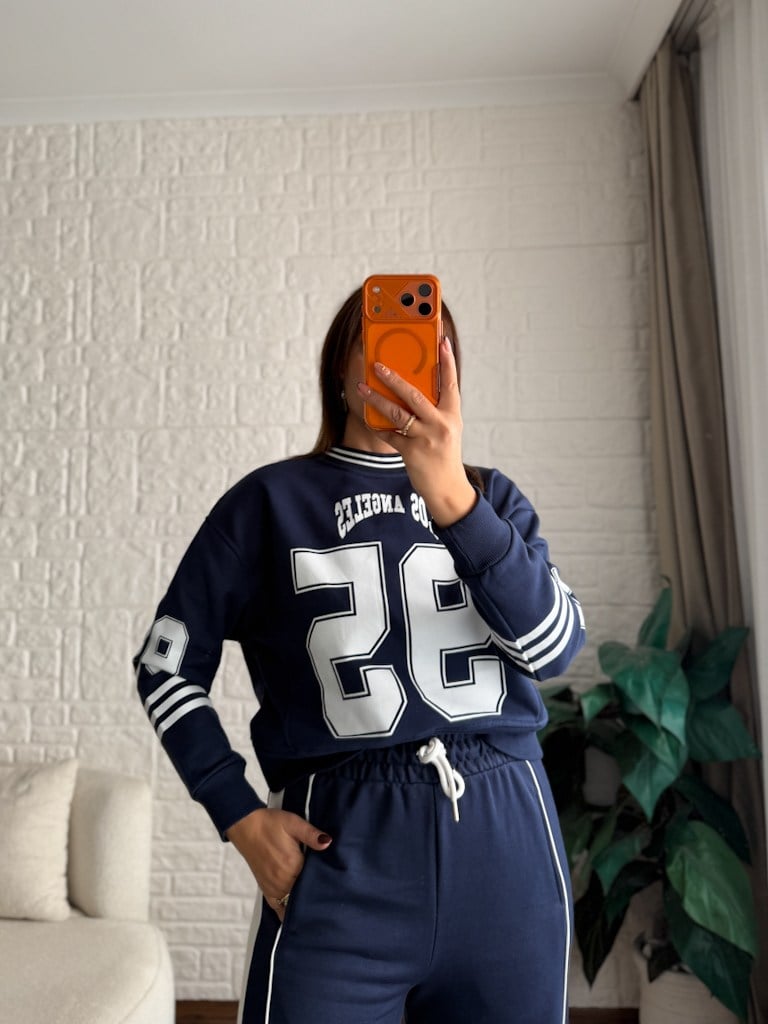 Lacivert Los Angeles Baskılı İki İplik Pamuk Crop Sweat