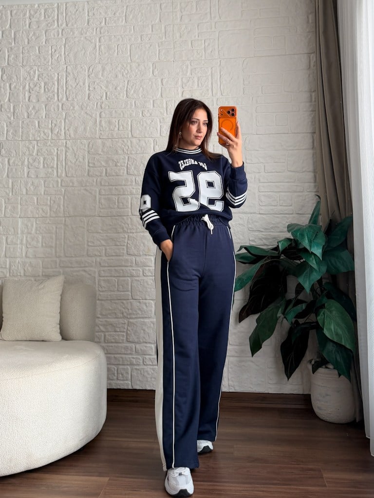 Lacivert Los Angeles Baskılı İki İplik Pamuk Crop Sweat
