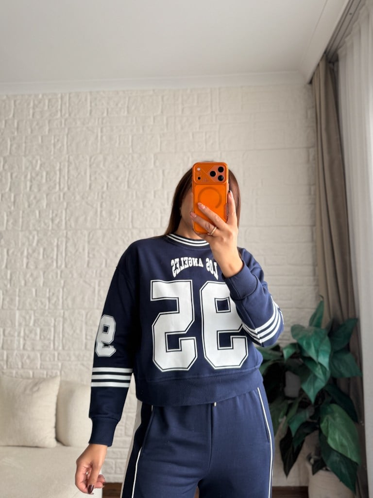 Lacivert Los Angeles Baskılı İki İplik Pamuk Crop Sweat