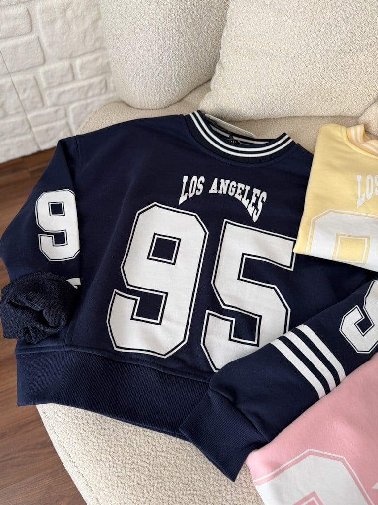 Lacivert Los Angeles Baskılı İki İplik Pamuk Crop Sweat