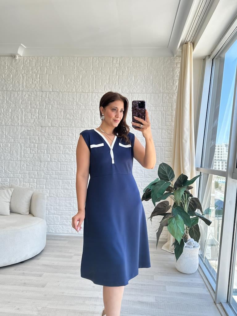 Lacivert  Modal Kumaş Biyeli V Yaka Kolsuz Elbise