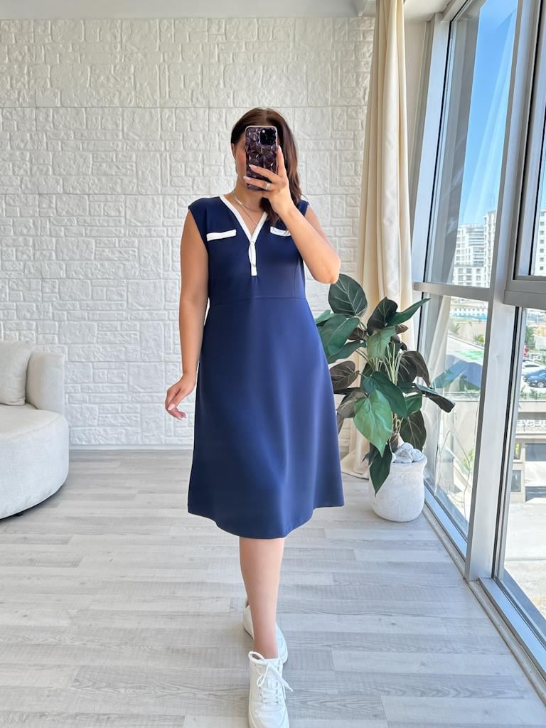 Lacivert  Modal Kumaş Biyeli V Yaka Kolsuz Elbise