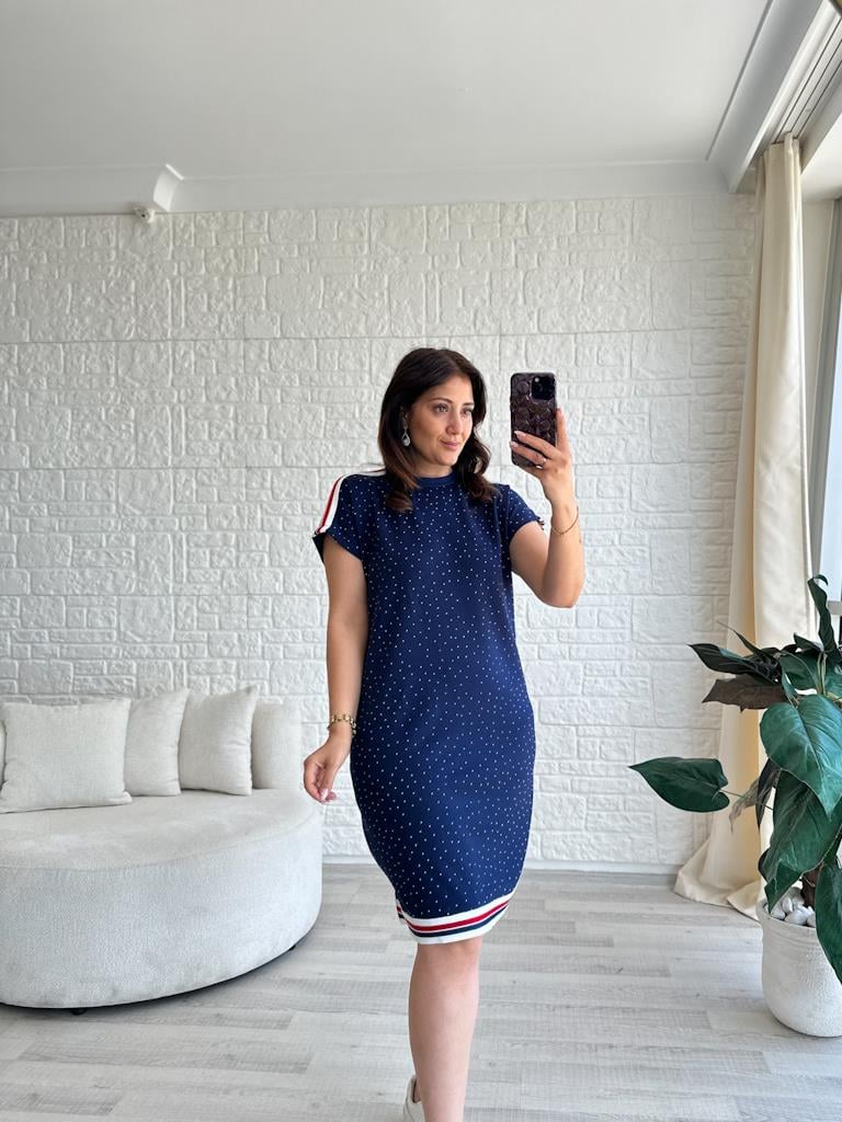 Lacivert Modal Taşlı Şeritli Elbise