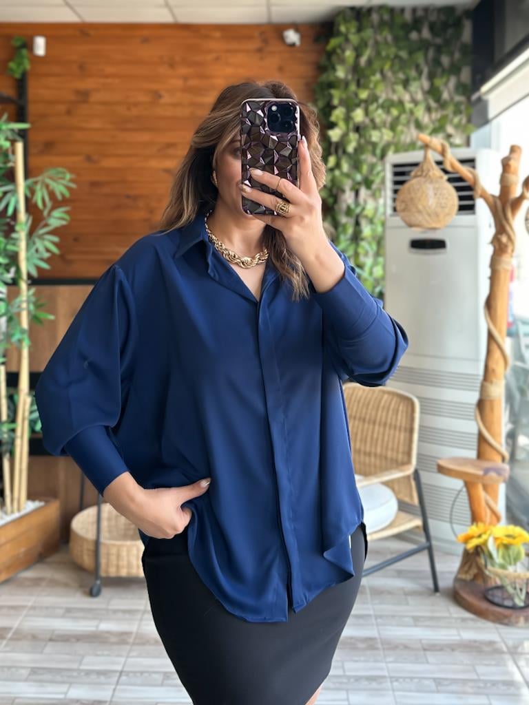 Lacivert Over Size İpek Krep Gömlek