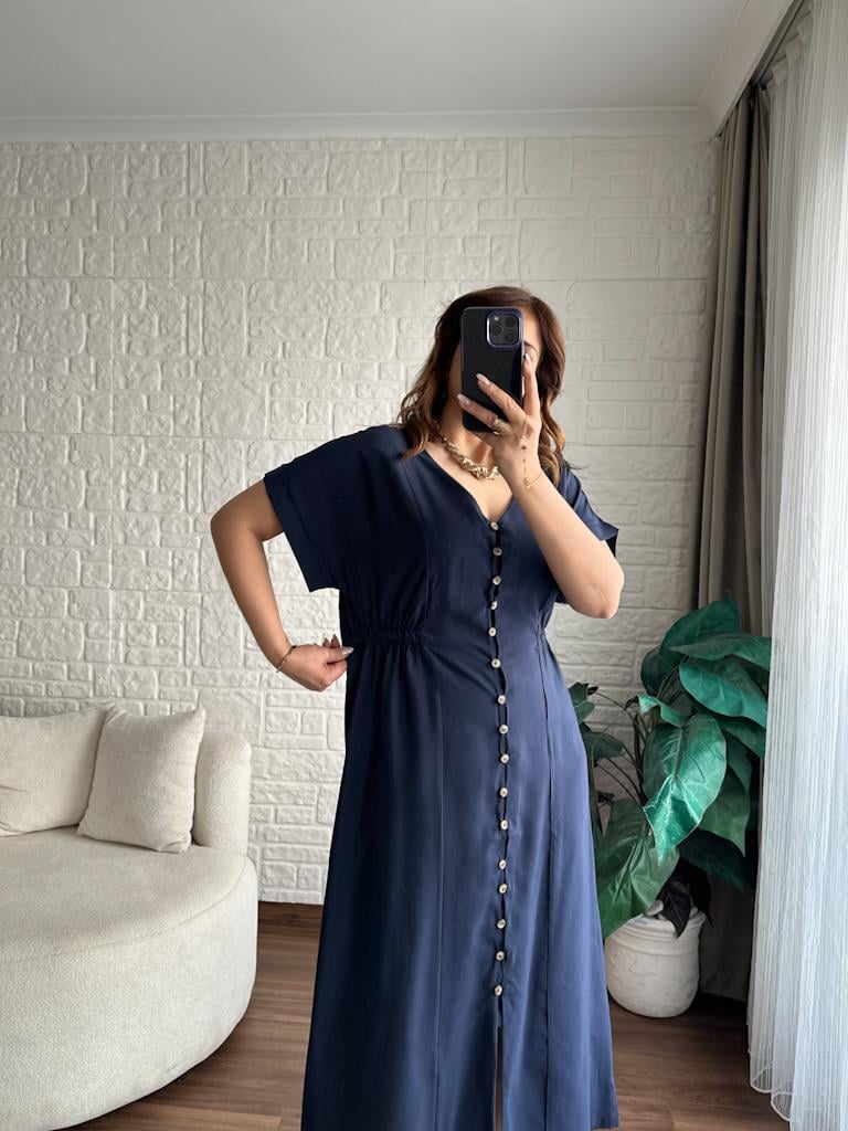Lacivert Tensel Kumaş Arka Bel Lastikli Elbise