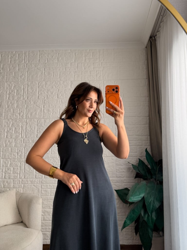 Lastik Askılı Slim Kalıp Pike Elbise Füme