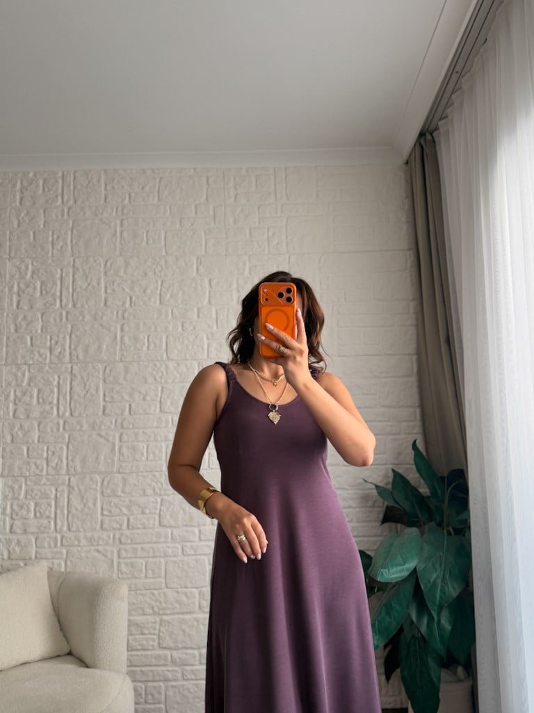 Lastik Askılı Slim Kalıp Pike Elbise Mürdüm