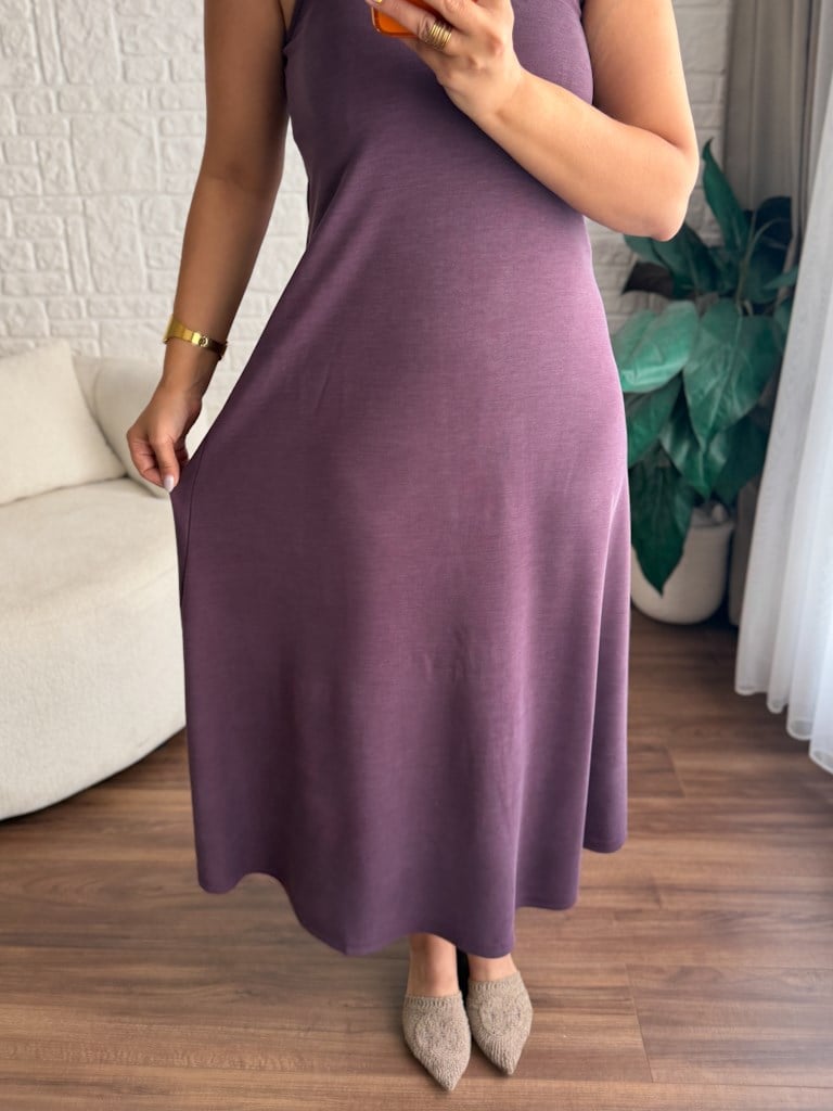 Lastik Askılı Slim Kalıp Pike Elbise Mürdüm