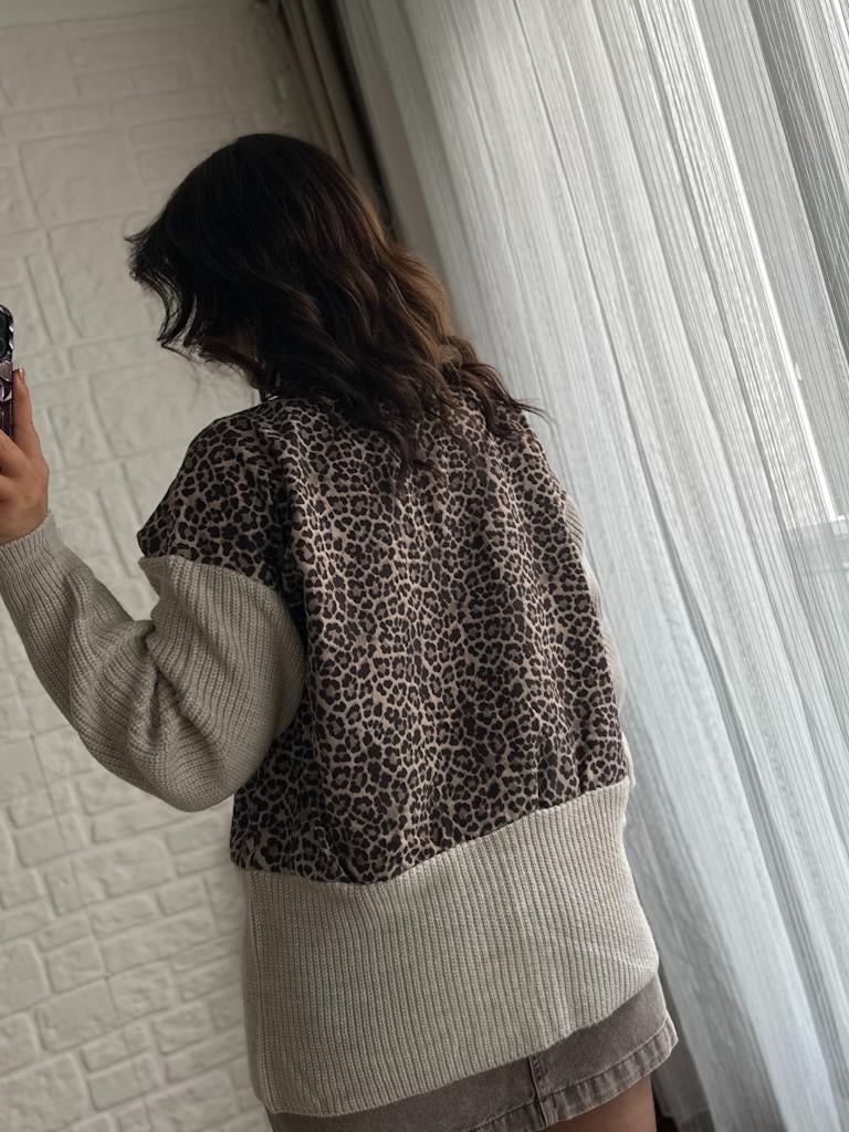 Leopar Desenli Triko Garnilli Ceket