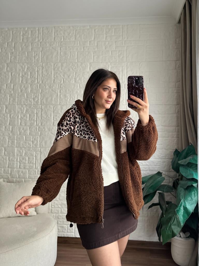 Leopar Kapitone Garnili Kapüşonlu Astarlı Pelüş Mont Kahverengi