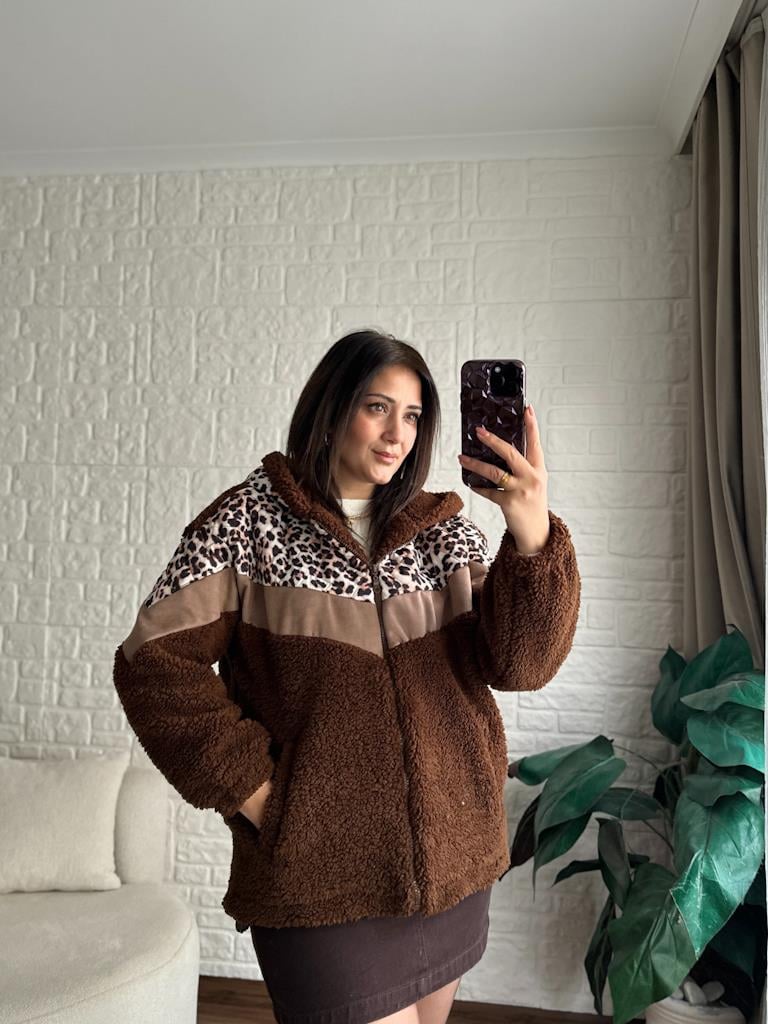 Leopar Kapitone Garnili Kapüşonlu Astarlı Pelüş Mont Kahverengi