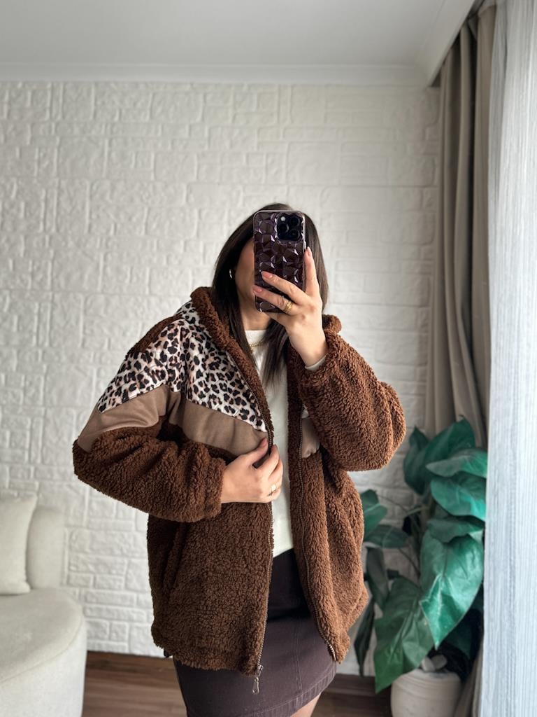 Leopar Kapitone Garnili Kapüşonlu Astarlı Pelüş Mont Kahverengi