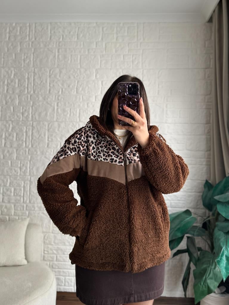 Leopar Kapitone Garnili Kapüşonlu Astarlı Pelüş Mont Kahverengi