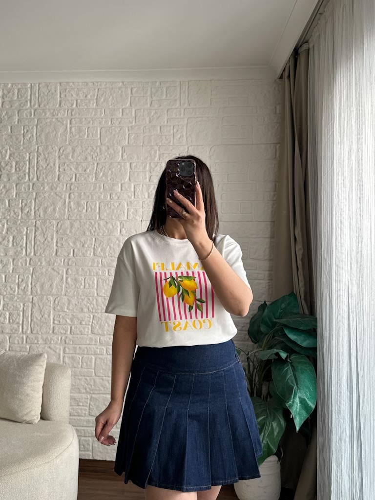 Limon Baskılı Basic Pamuk Tişört Beyaz